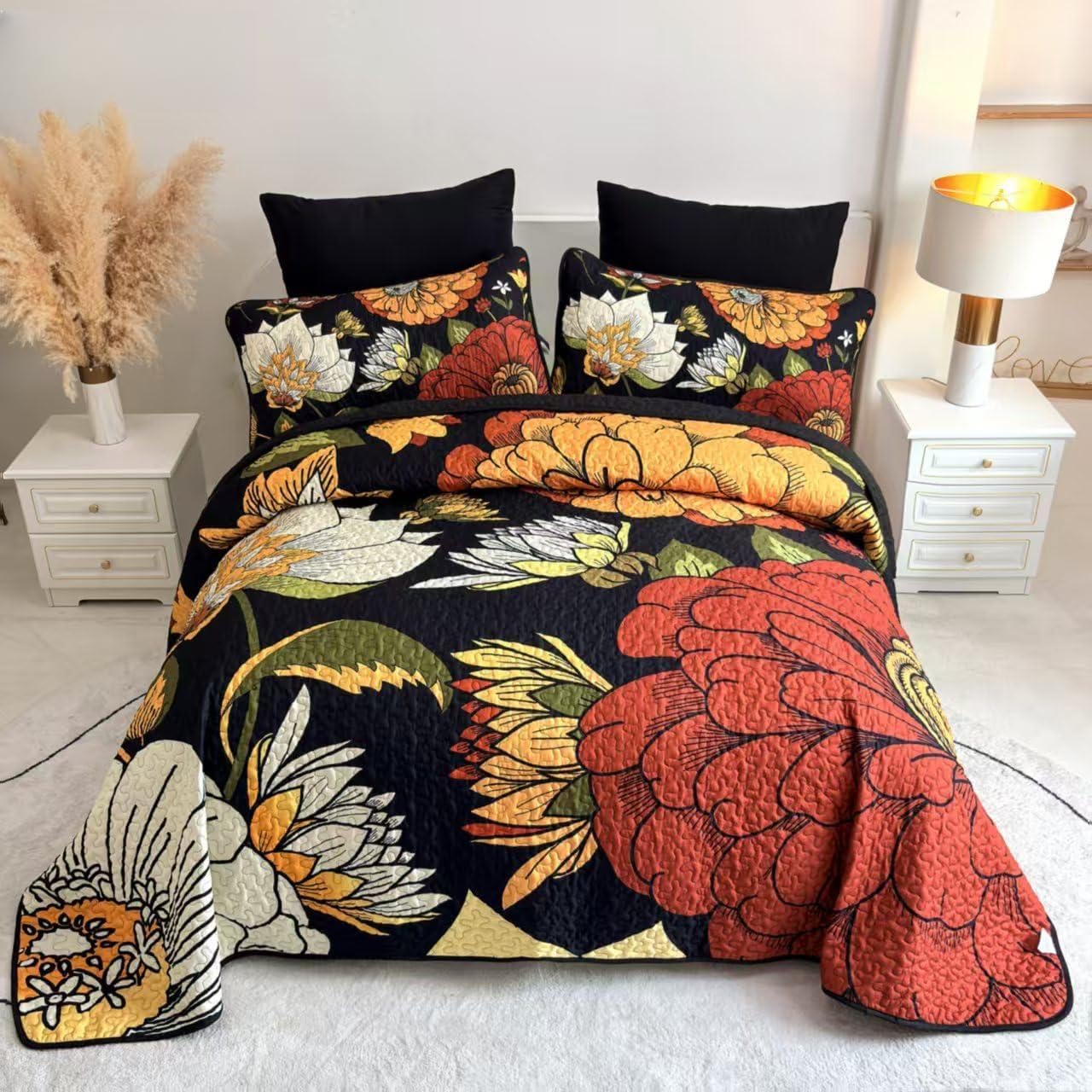BEDHACKER black floral botanical Queen quilt set