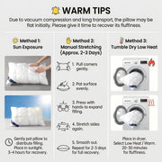 Two-pack hotel pillow dimensions and use detail
