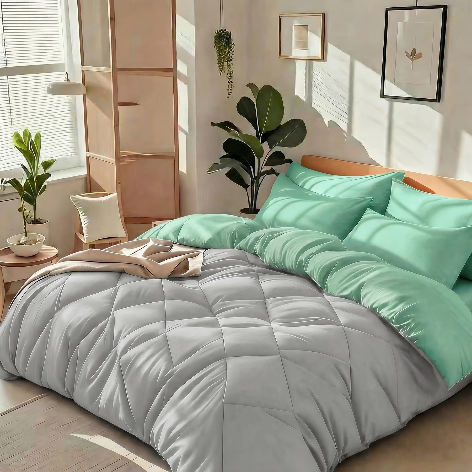 Bedhacker lightweight diamond-quilted comforter set in Light Gray + Green
