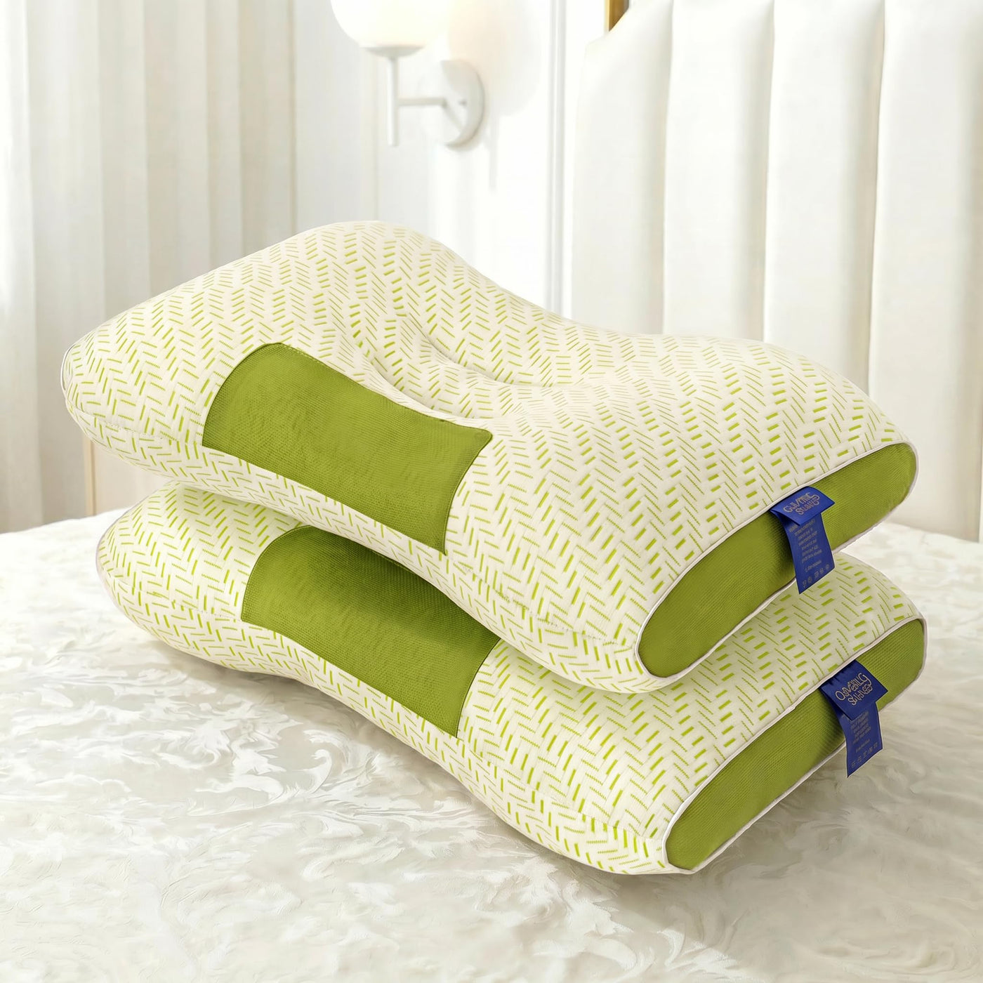 BEDHACKER two-pack ergonomic memory foam neck pillows in sage green