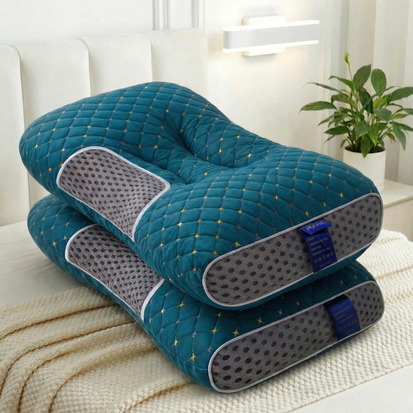 BEDHACKER adjustable knitted neck support pillow in blue